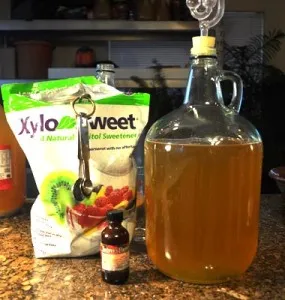 A bag of XyloSweet xylitol with a measuring spoon, a small bottle of extract, and a jug of cider