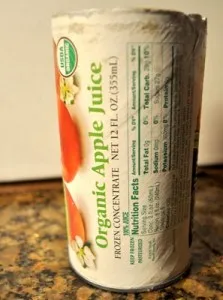 A can of frozen organic apple juice concentrate